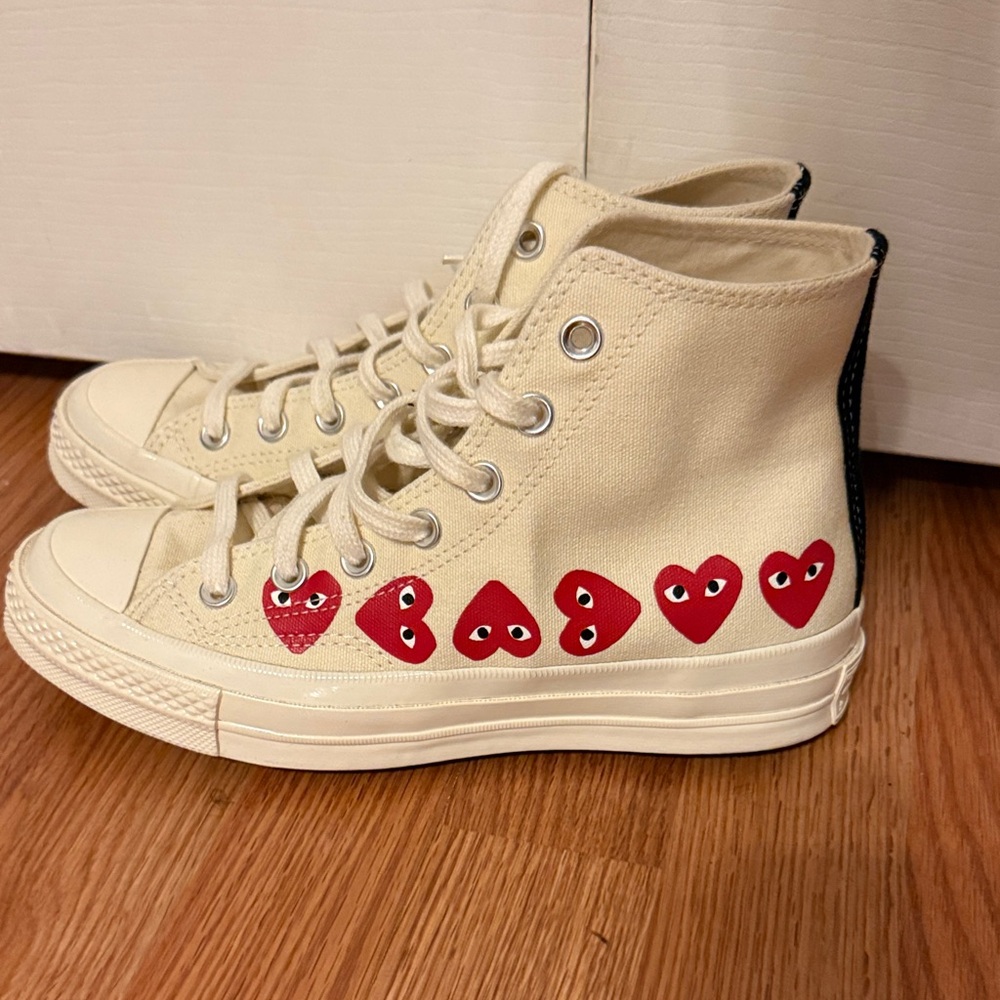 Comme des Garcons PLAY x Converse Beige High-Top Sneakers with Red Hearts